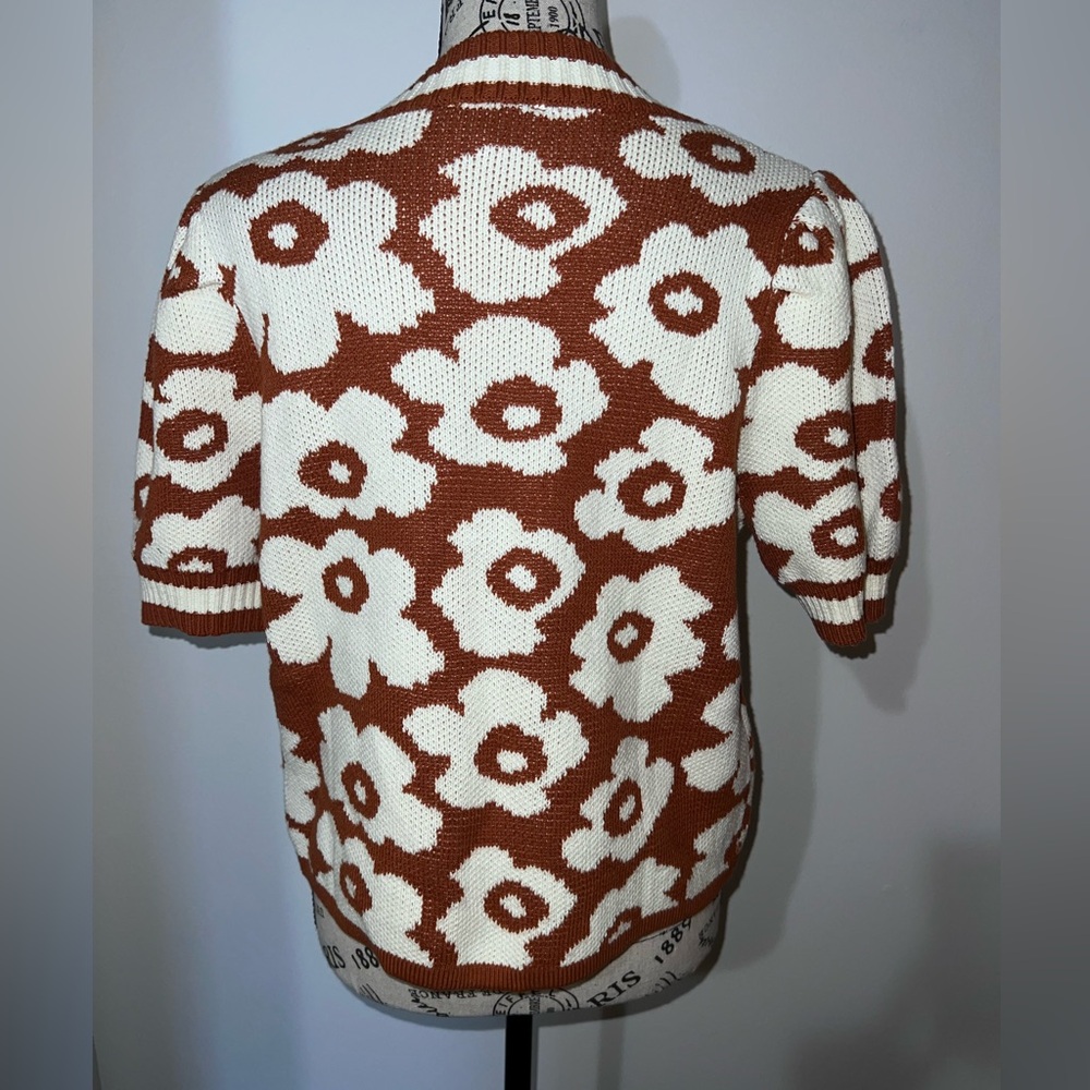 Entro Floral Knit Sweater Top Size M Brown Cream Retro Puff Sleeve - Picture 4 of 8